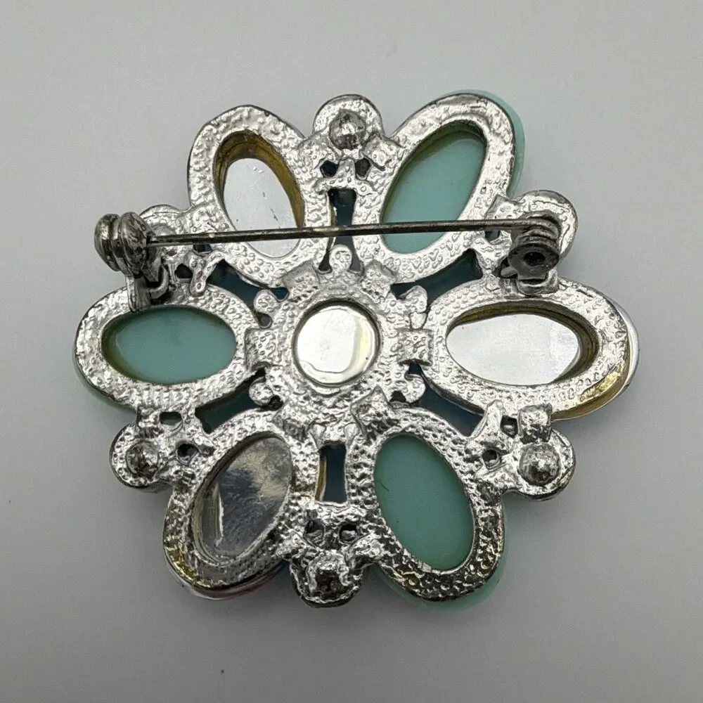 Silver Tone Blue & Green Rhinestone Flower Brooch Pin Prong Set Oval 2 in